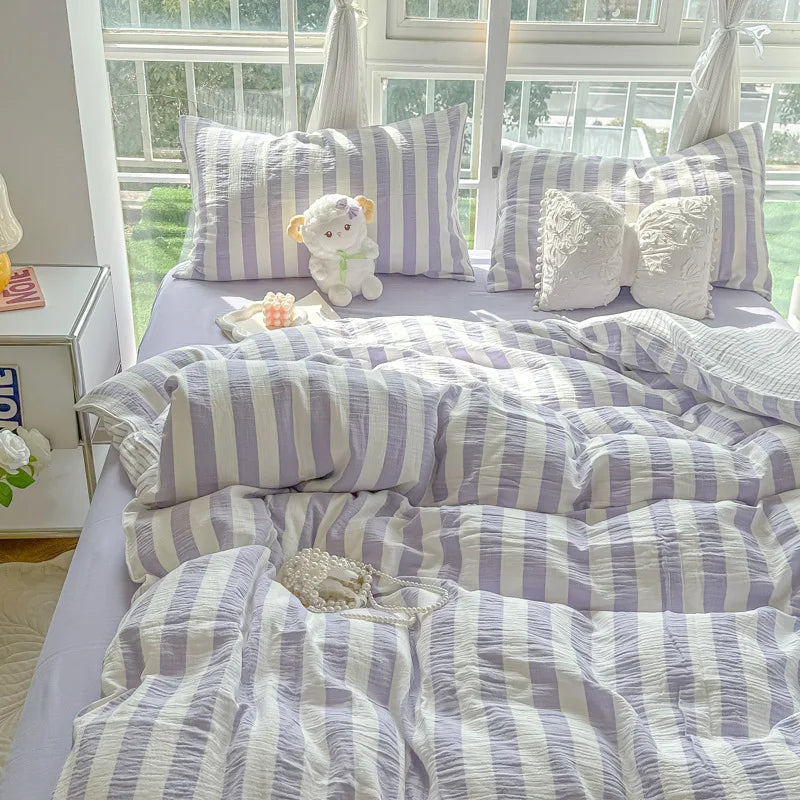 Japanese Ins Stripe Bedding Set Simple Two-Tone Contrast Sheet Kit with Quilt Cover Comfort Bed Decoration for Student Dorm