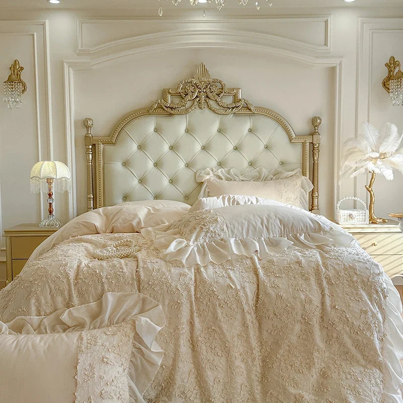 Romantic Floral Lace Embroidered Ruffles Princess Wedding Bedding Set 100% Cotton Duvet Cover Bed Sheet/Fitted Sheet Pillowcases