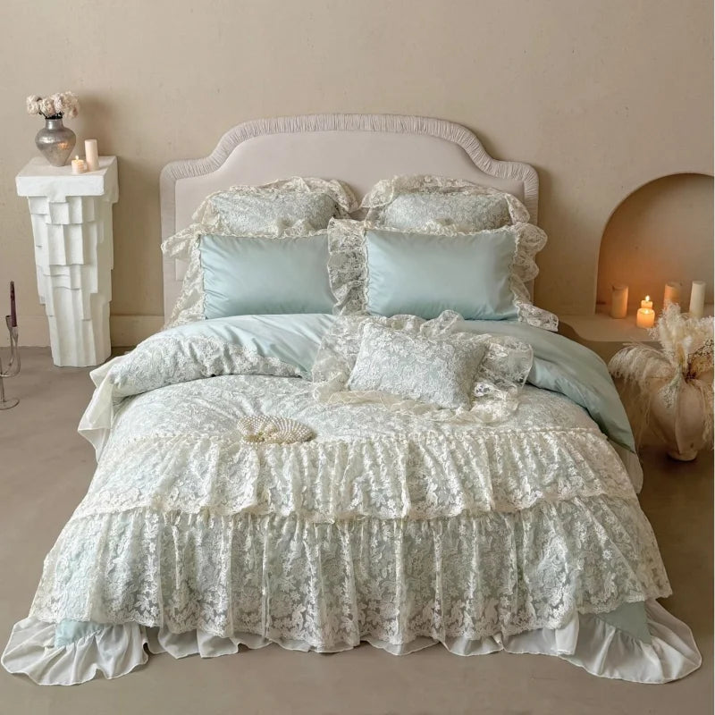 French Princess Bedding Set 4PCS Luxury All Cotton Lace Duvet Cover Set with Quilted Bedspread, Elegant Bedding Queen King Size