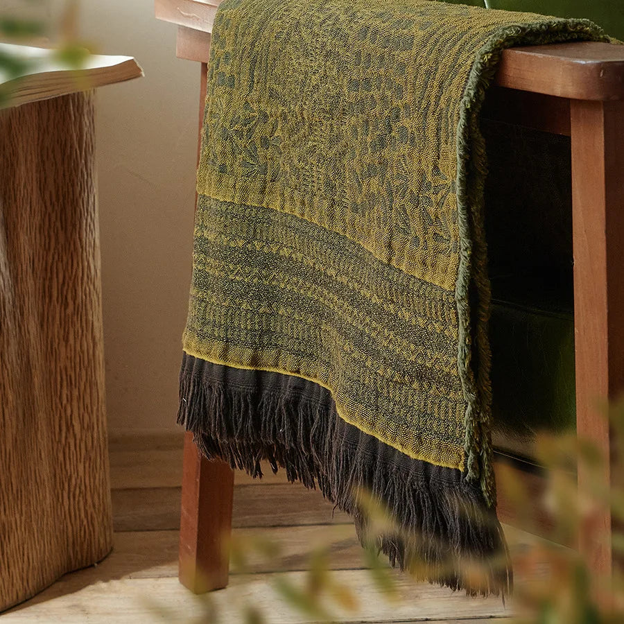 Vintage Artistic Style Pure Cotton Yarn Dyed Jacquard Tassel Throw Blanket Skin Friendly Car Office Single Nap Sofa Thin Blanket