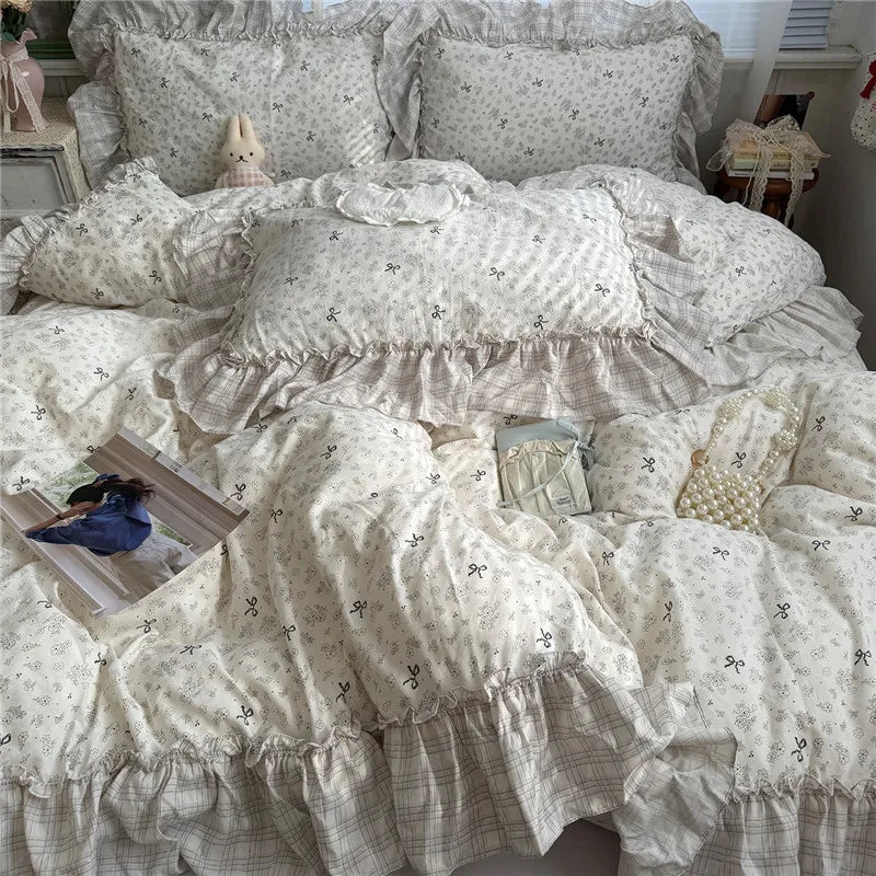 Korean Princess Style Floral Ruffles Bedding Set Washed Cotton Duvet Cover Bed Sheet Pillowcases Single Full Queen Size 3/4Pcs