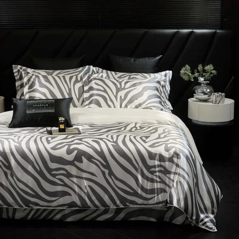 4pcs printed luxury high-end silk bedding set soft satin single double duvet cover pillowcase flat sheet or fitted sheet set