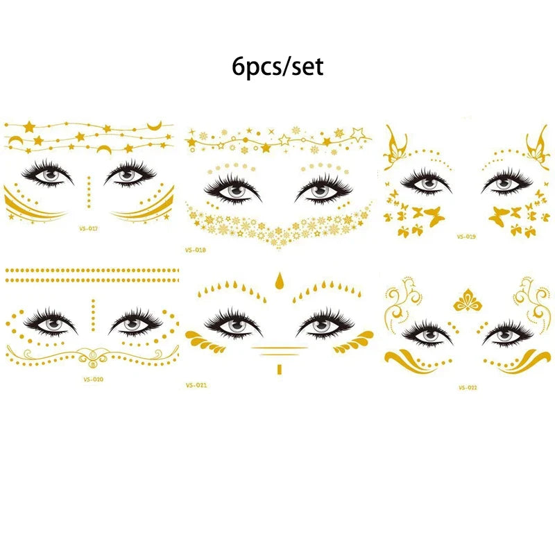 Glitter Stickers Face Tattoo Flash Gold Temporary Metalic Tattoos Waterproof Makeup Decals for Girls Party Music Festival
