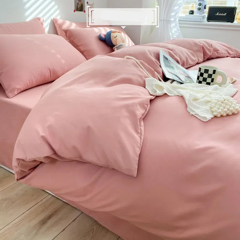 Luxury Washed Cotton Solid Bedding Set 3-4 Pcs Yellow Home King Size Duvet Cover Set with Flat Sheets Simple Queen Bedding Sets
