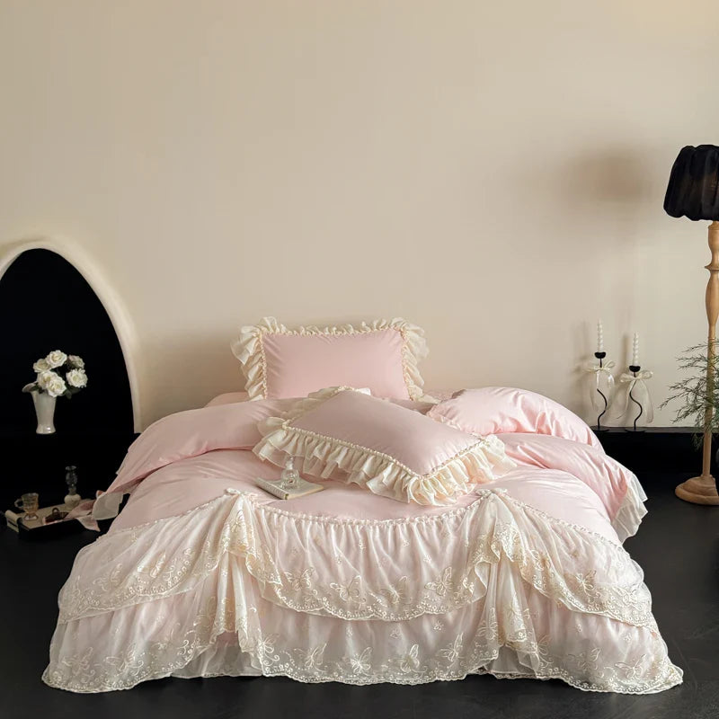 Green Egyptian Cotton Princess Bedding Set Luxury Lace Butterfly Embroidery Duvet Cover Sets Bed Sheet Pillowcases Home Textile