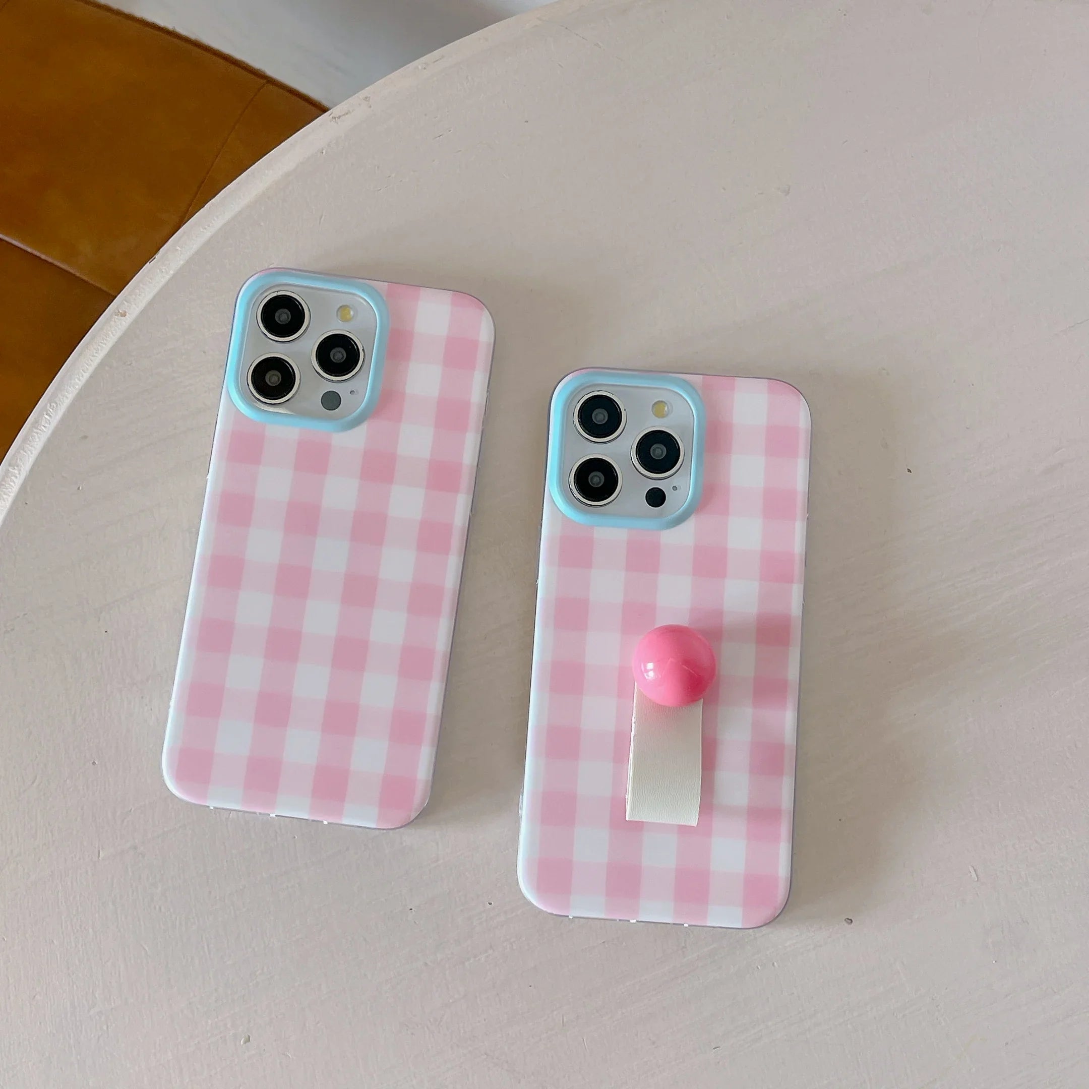 Korean INS Pink Checker Matte Double Layers Ring Strap Phone Case for iPhone 16 15 14 13 Pro Max Back Cover for 12 Pro Funda
