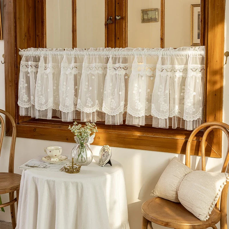 White Lace Short Curtain Double-layer Bookcase Enclosure Kitchen Door Curtains Cafe Livingroom Window Kitchen Half Curtain Decor
