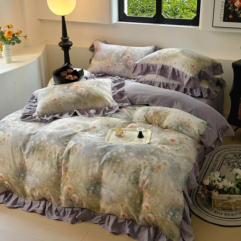 Korean Style Bedding Set 100% Cotton Green Flowers Printed Princess Duvet Cover Sets Fitted Bed Sheet Pillowcases Home Textile
