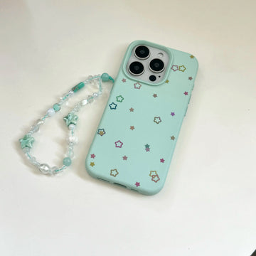 Korean INS Mint Green Little Stars Leather Texture Wrist String Phone Case for iPhone 16 15 14 13 Pro Max Back Phone Cover Capa