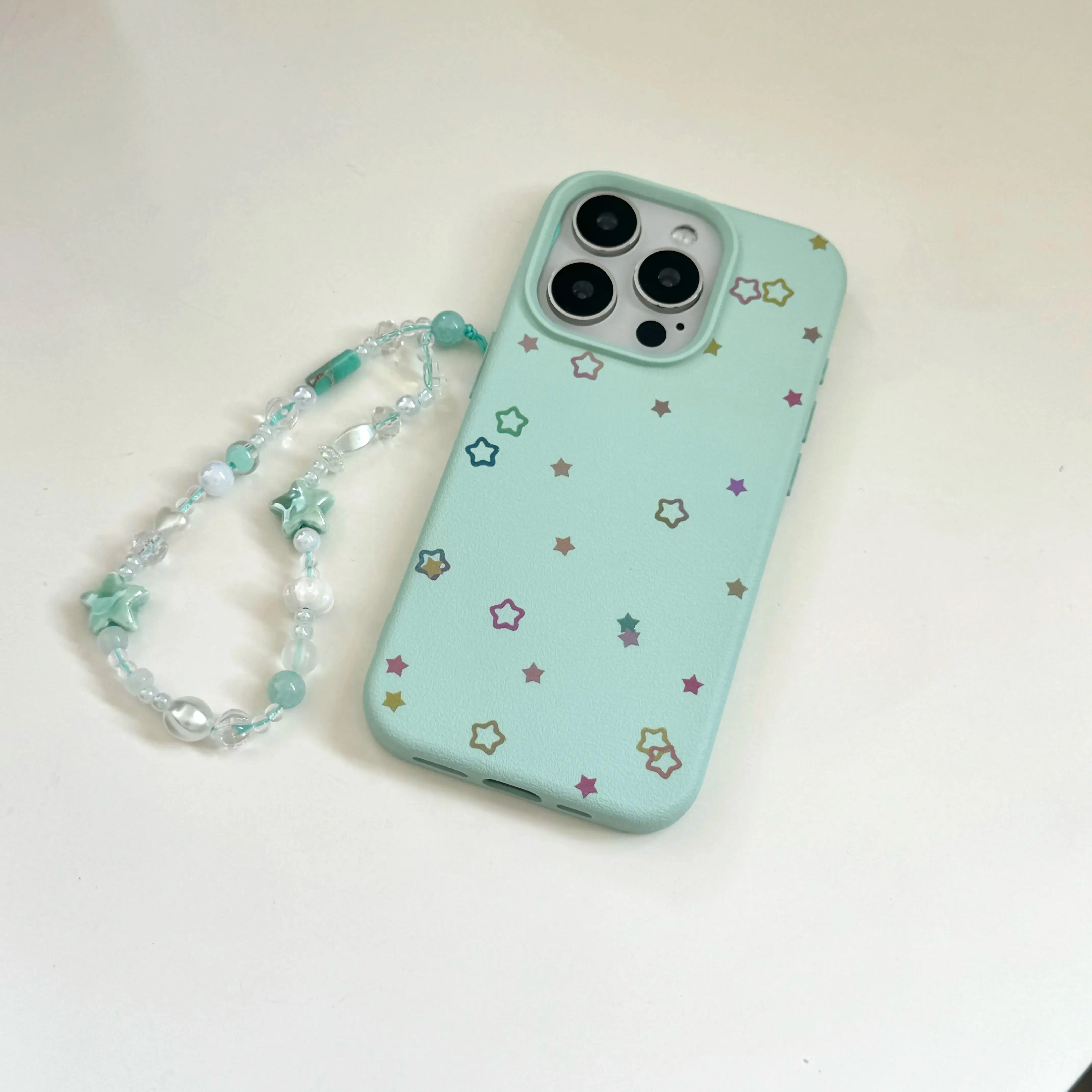 Korean INS Mint Green Little Stars Leather Texture Wrist String Phone Case for iPhone 16 15 14 13 Pro Max Back Phone Cover Capa