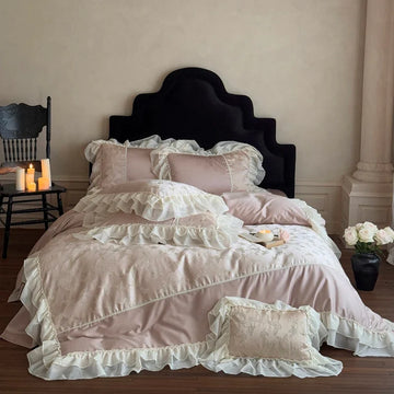 Luxury Princess Lace Ruffle Edge 1000TC Egyptian Cotton Bedding Set Duvet Cover Set Flat Bed Sheet Pillowcases 4Pcs