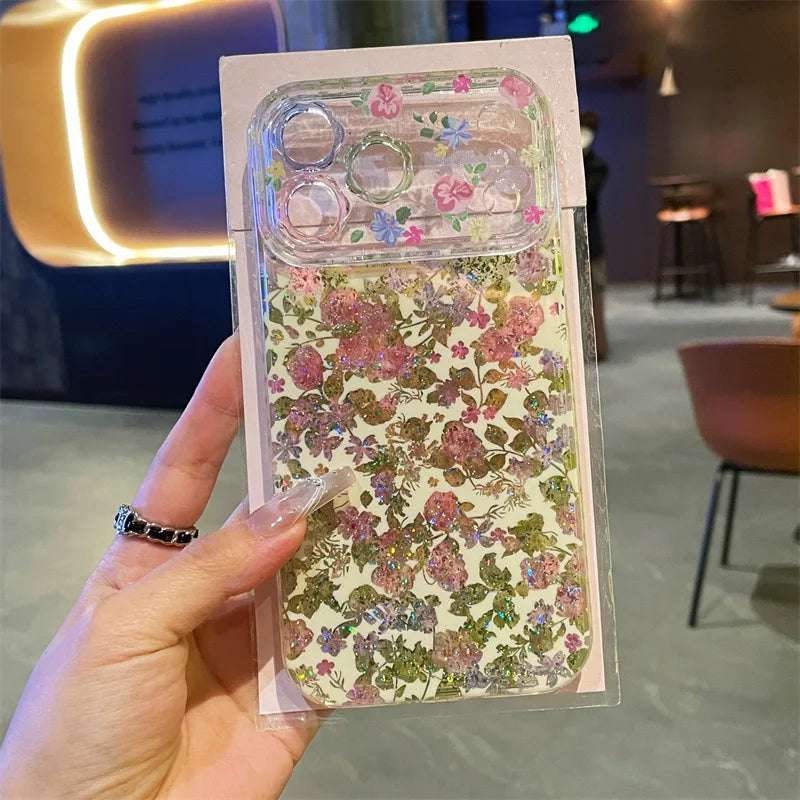 Korean Full Screen Colorful Flowers Glitter Pattern Phone Case for iPhone 17 16 15 14 Pro Max Shockproof Protective Cover