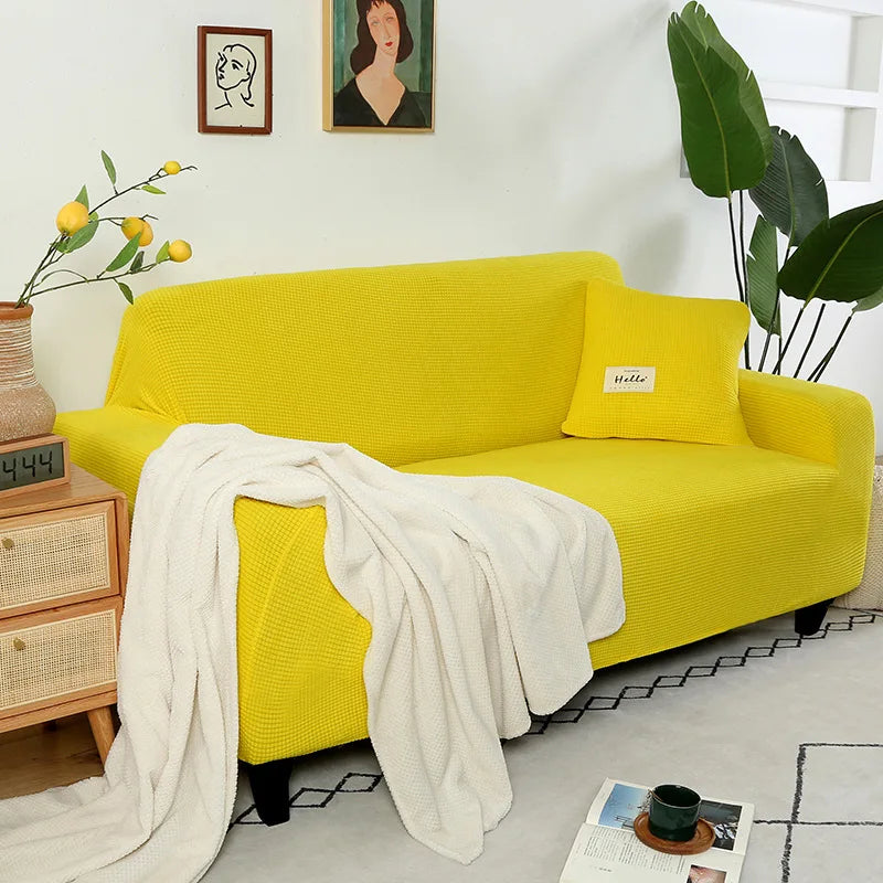 Solid Elastic Adjustable Sofa Cover,Non-slip Jacquard Corn Fleece Slipcover for Living Room Pet Anti-Scratch Dustproof Full Wrap