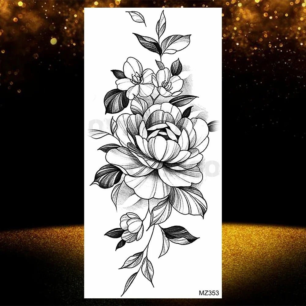 Realistic Black Rose Flower Temporary Tattoos Fake Waterproof Tatoo Body Art Arm Leg Floral Peony Bloosom Tattoo Stickers Makeup