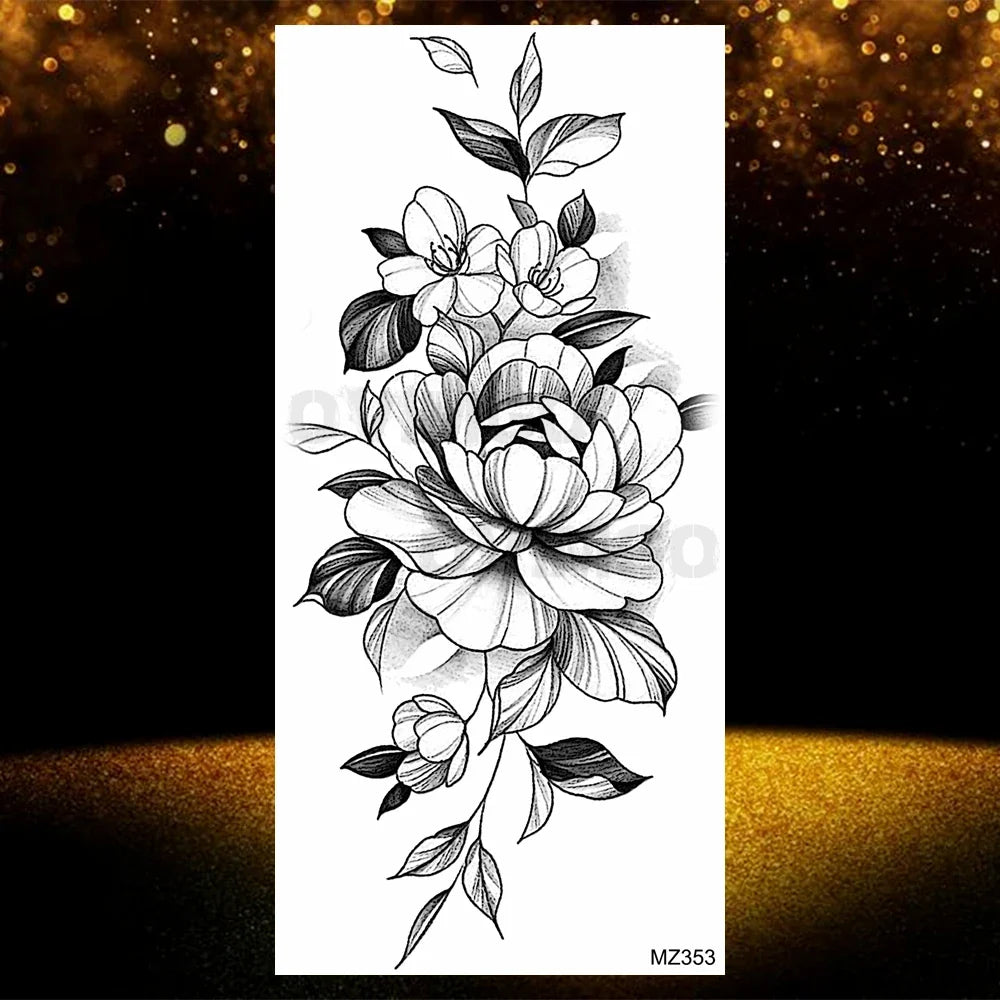 Realistic Black Rose Flower Temporary Tattoos Fake Waterproof Tatoo Body Art Arm Leg Floral Peony Bloosom Tattoo Stickers Makeup