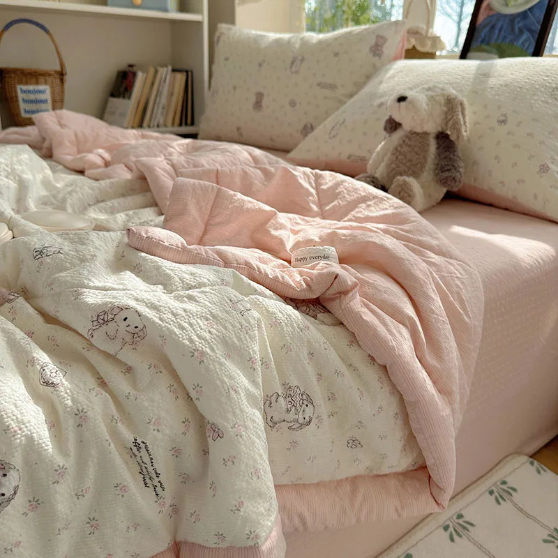 Summer Pure Cotton Cold Quilt for Naked Sleep Cartoon Dorm Nap Air Conditioning Quilts Two-Color Comfort Quilting Comforters