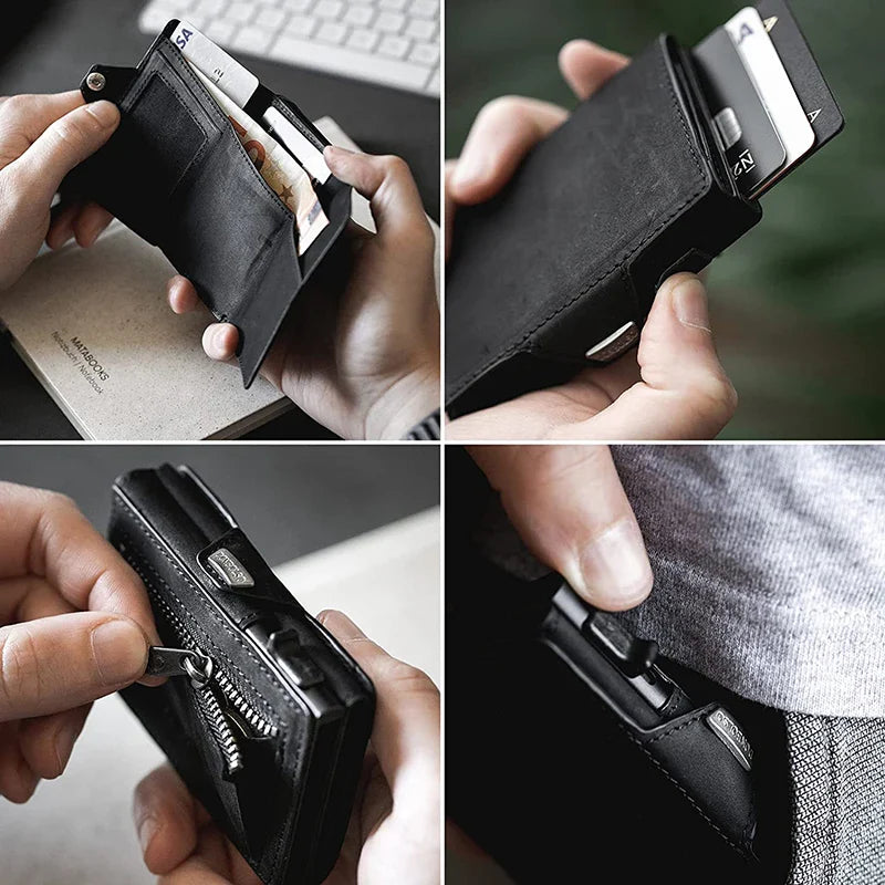 Pop-Up Leather Card Holder Wallet - Minimalist Bag Compartment For Notes