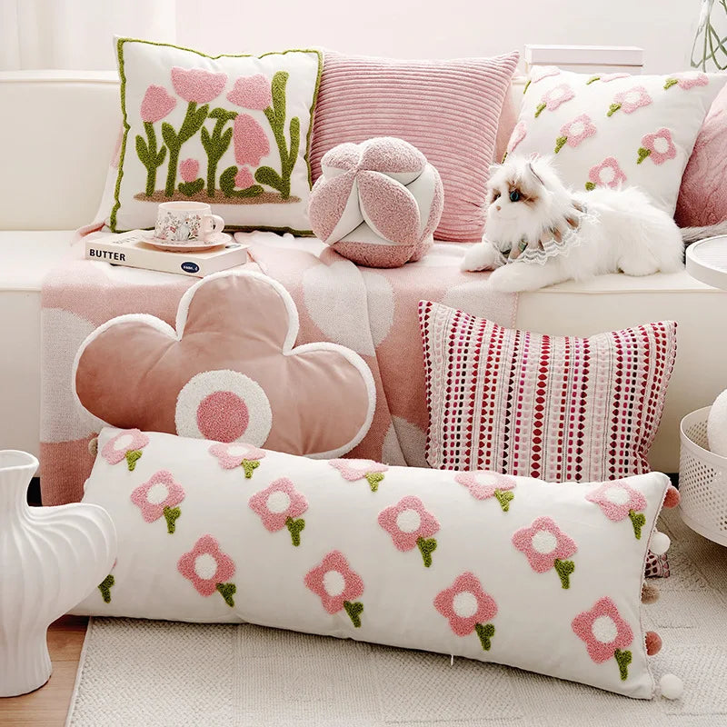 90x35cm Floral Tufted Cushion Cover Soft Plush Throw Pillow Pink Green Home Decor Sofa Bedroom