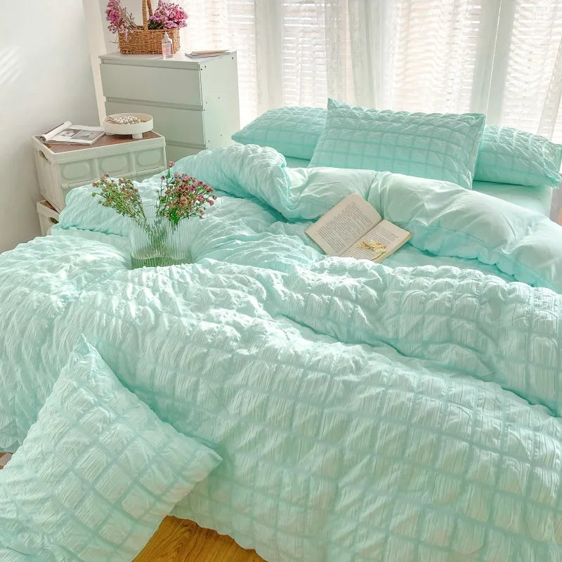 Simple Two-Tone Seersucker Bedding Set Super Soft Skin-Friendly Sheet Kit with Quilt Cover Nordic Solid Breathable Home Textile
