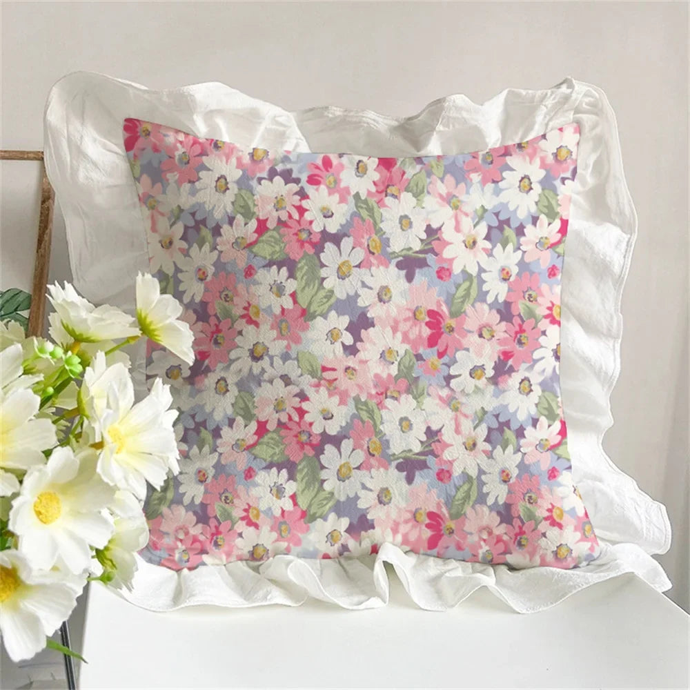 Korean Romantic Pillow Girl's Heart Washed Cotton Ruffled Cushion Cover Core Car Sofa Carto Rabbit Floral Pillow 45cmx45cm