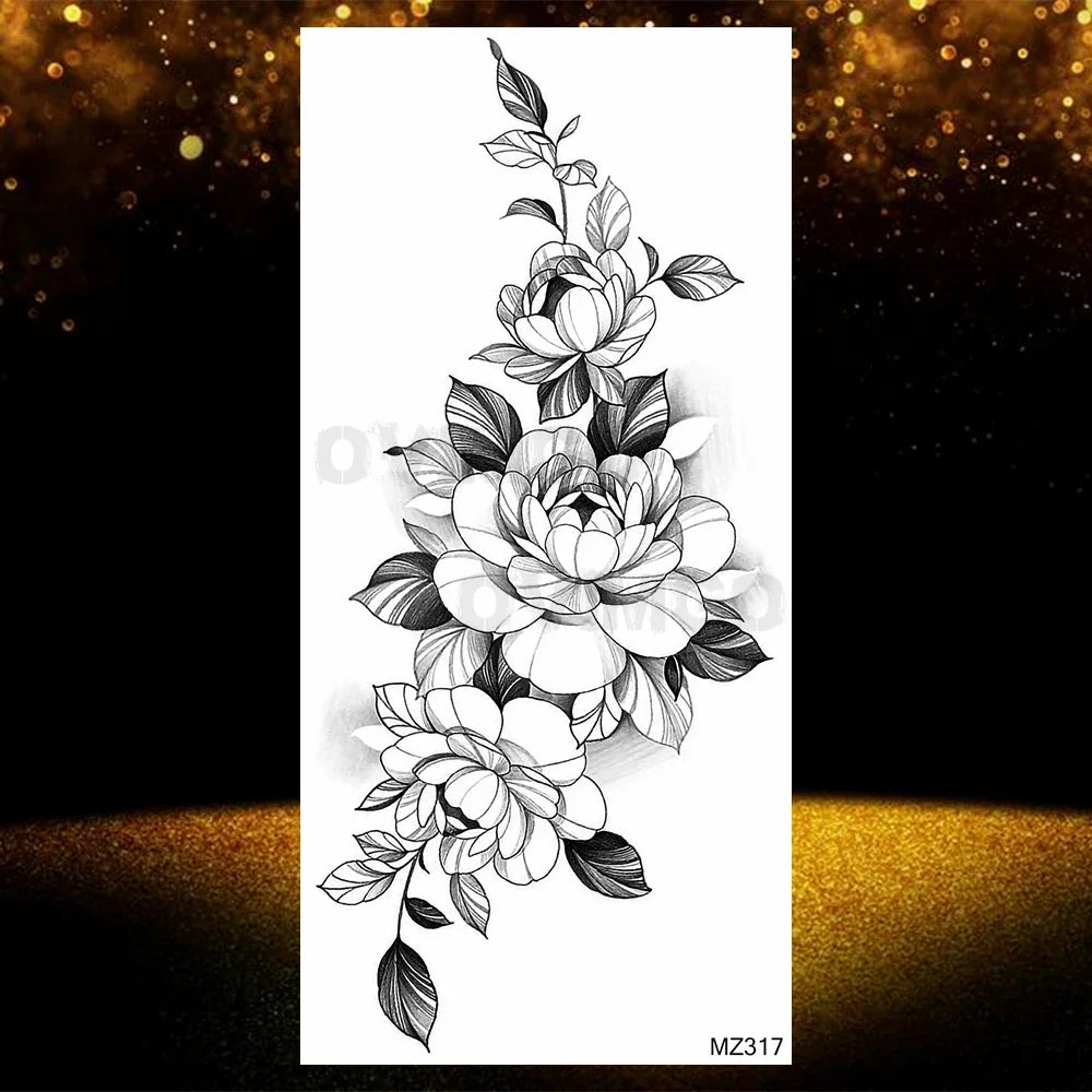 Realistic Black Rose Flower Temporary Tattoos Fake Waterproof Tatoo Body Art Arm Leg Floral Peony Bloosom Tattoo Stickers Makeup