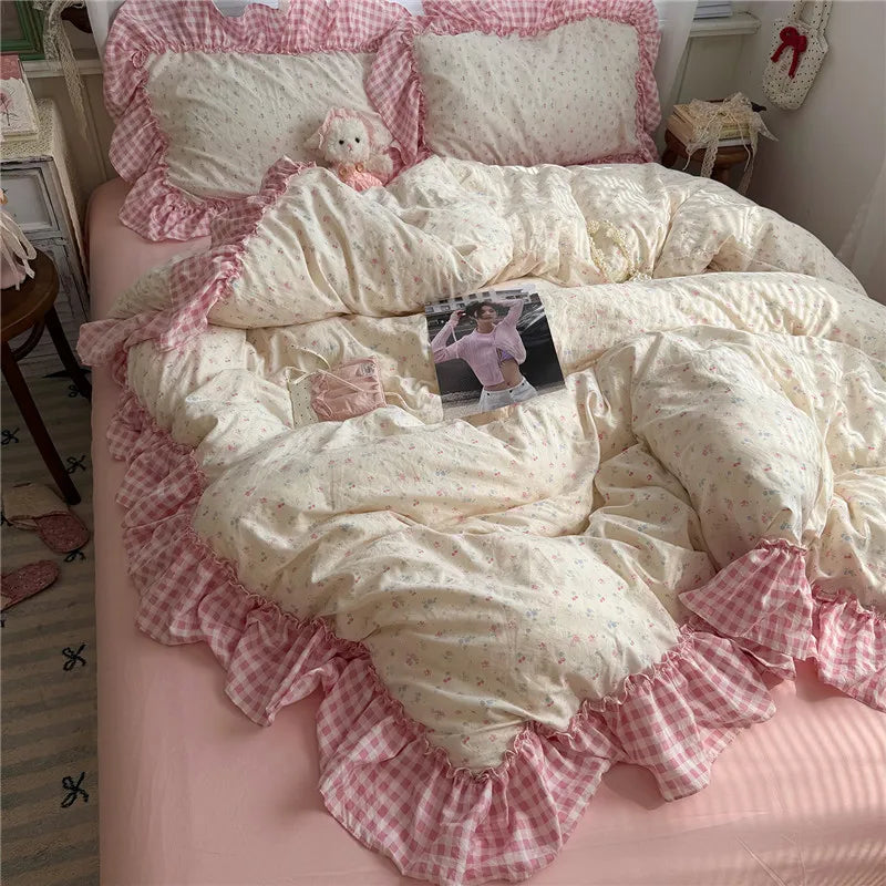 Korean Princess Style Floral Ruffles Bedding Set Washed Cotton Duvet Cover Bed Sheet Pillowcases Single Full Queen Size 3/4Pcs