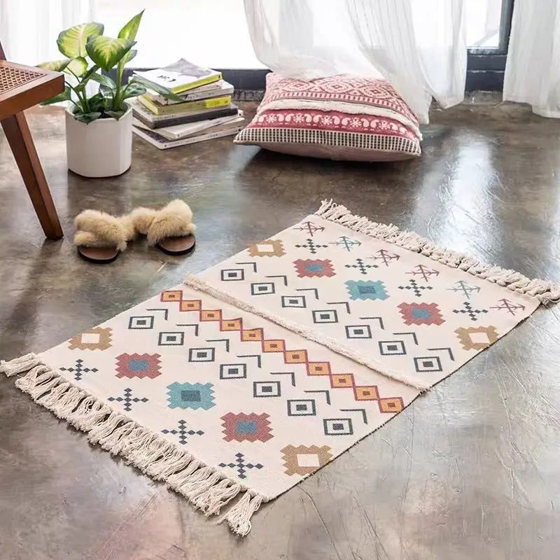 Cotton Linen Retro Rug Tapestry Home Decor Geometric Floor Mats for Bedroom Living Room Hand Woven Bohemian Tufted Tassel Carpet
