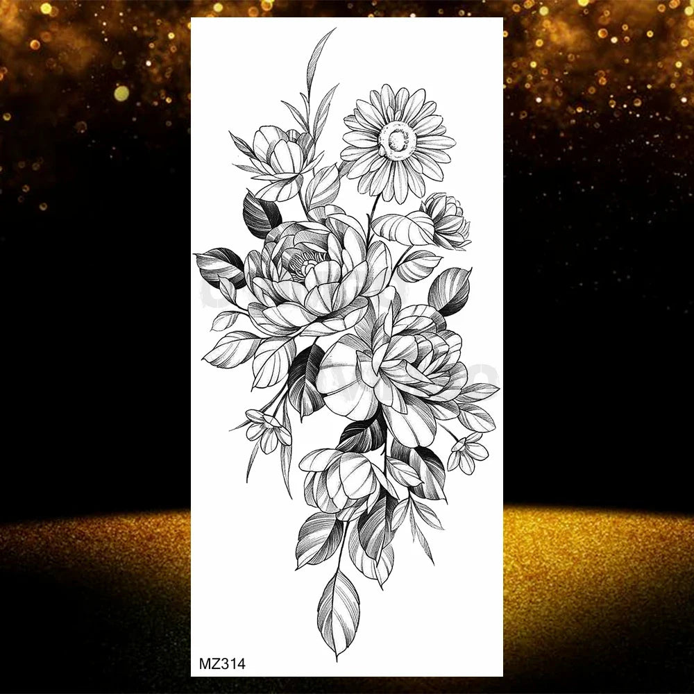 Realistic Black Rose Flower Temporary Tattoos Fake Waterproof Tatoo Body Art Arm Leg Floral Peony Bloosom Tattoo Stickers Makeup