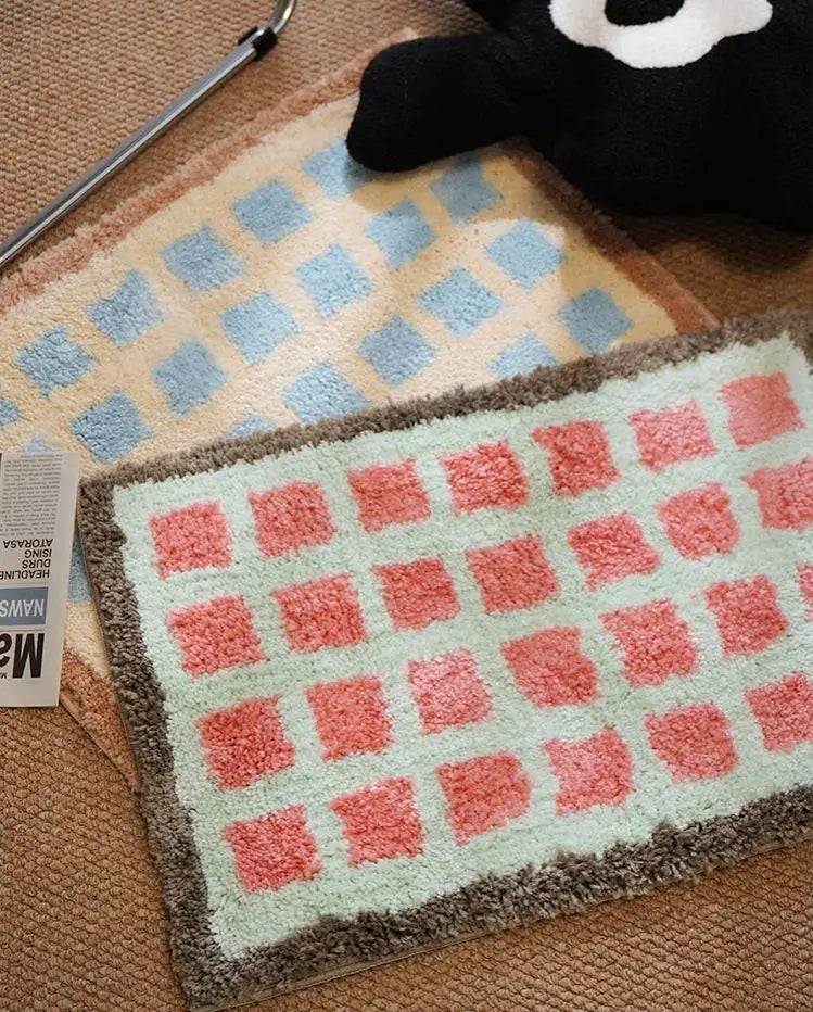 Cute Plaid Soft Tufted Carpet Ant-slip Rug Floor Mats Bathroom Absorbent Bathroom floor mat plush carpet toilet non-slip