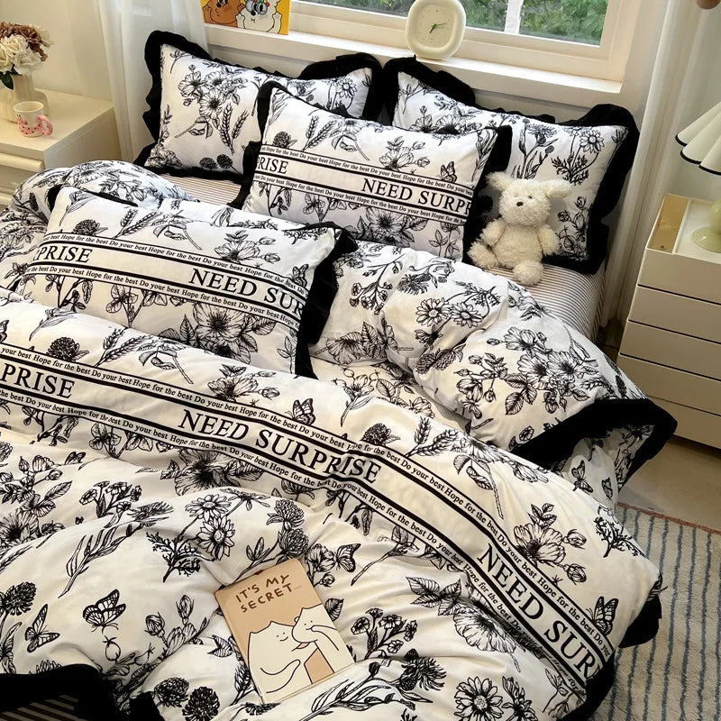 Hepburn Style Floral Print Bedding Sets Elegant Lace Super Soft Cozy Flat Sheet Set Home Dorm Textile Supplies for All Seasons