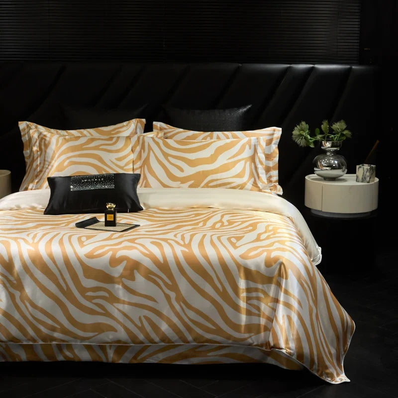 Leopard zebra print luxury high-end silk bedding set soft silk satin king size duvet cover sheet set