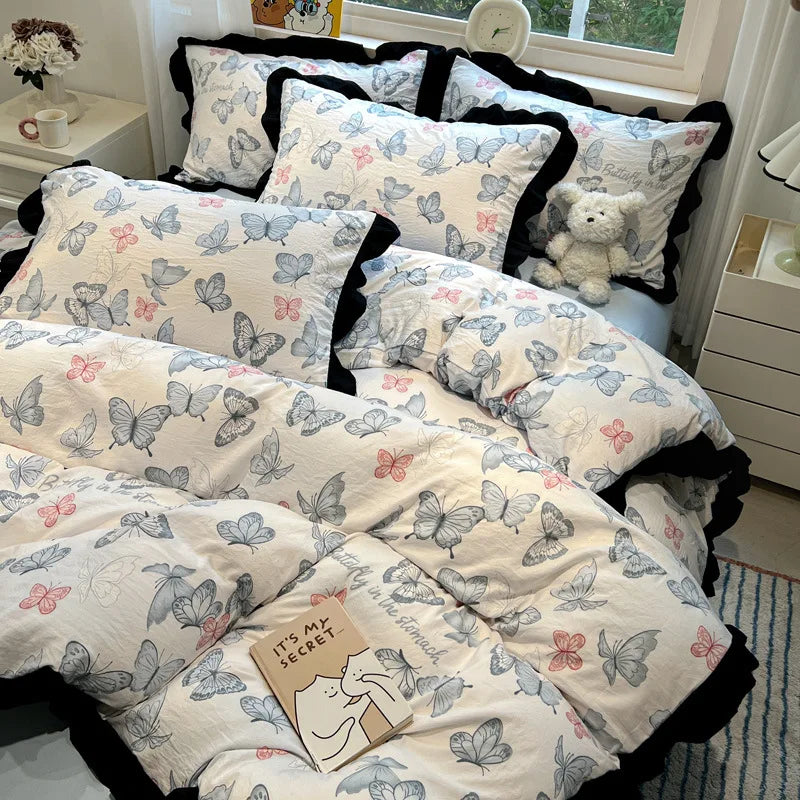 Hepburn Style Floral Print Bedding Sets Elegant Lace Super Soft Cozy Flat Sheet Set Home Dorm Textile Supplies for All Seasons