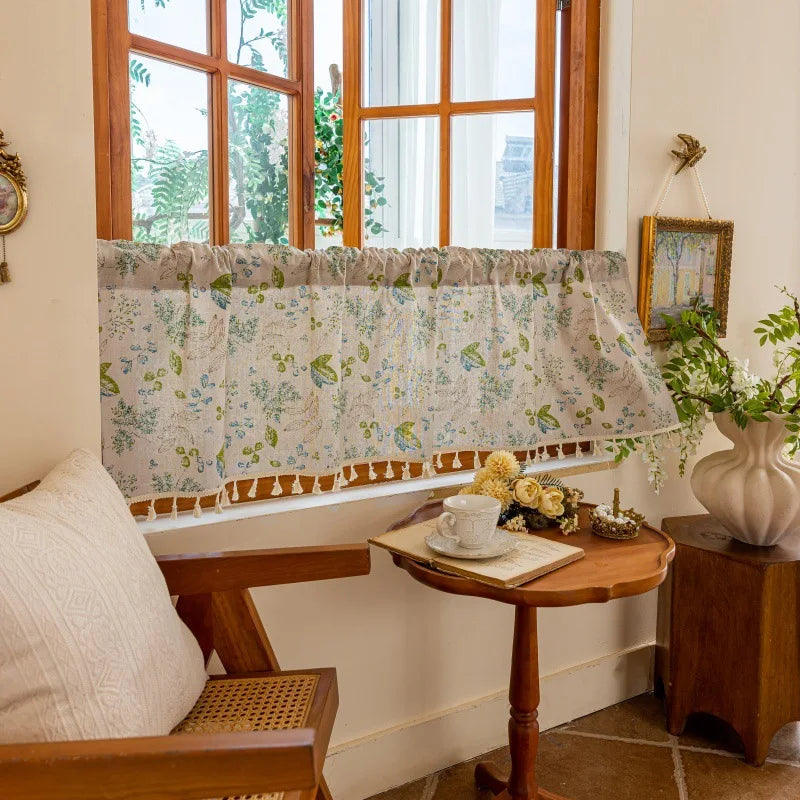 Window Valance Leave Print Linen Farmhouse Short Kitchen Curtains with Tassel Postal Style Rustic Valances Rod Pocket Room Decor