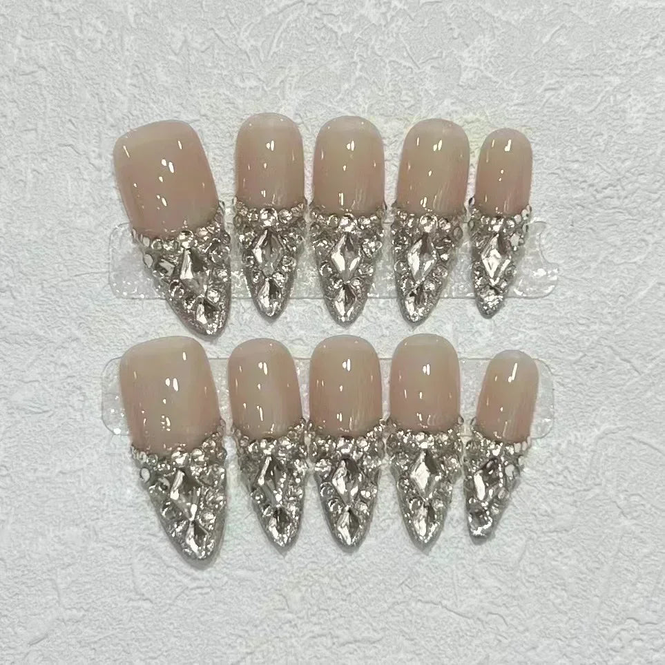 10Pcs French Press on Nails Almond Handmade Fake Nails Gradient Diamond Pearl False Nails Set Vintage Acrylic Nail Art for Girls