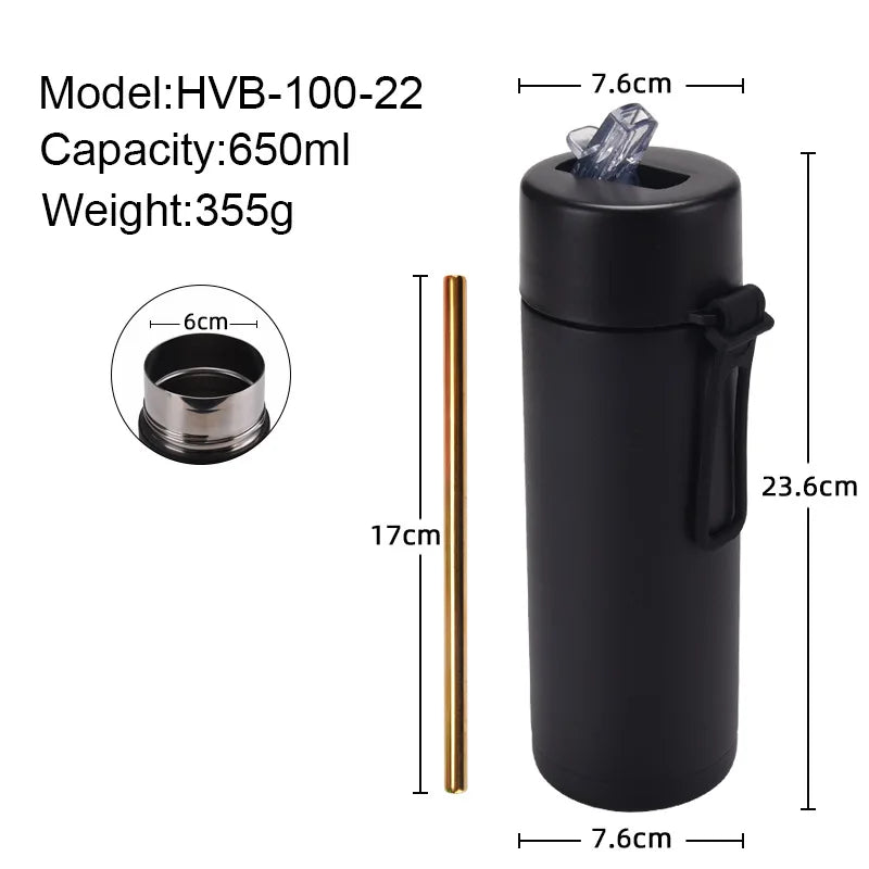 Stainless Steel Thermos Mug, Large Capacity, Portable Silicone Handle with Straw, American Large Capacity, WATER BOTTLE, 650ml