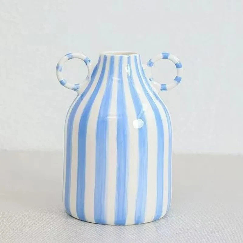 Blue and White Ceramic Vase with Handle, Nordic Boho Small Vases Side Table Flower Centerpiece, Wide Mouth Single Flower Vase