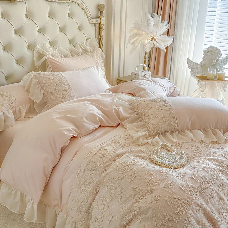 Romantic Floral Lace Embroidered Ruffles Princess Wedding Bedding Set 100% Cotton Duvet Cover Bed Sheet/Fitted Sheet Pillowcases