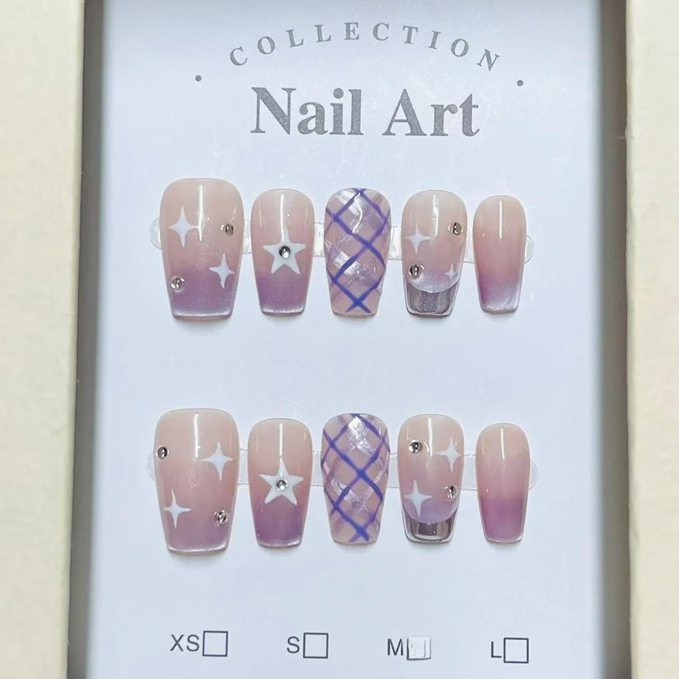 10Pcs Purple Cat Eye Coffin Press on Nails Silver French Fake Nails Plaid Polka Dot Nail 3D Bowknot Star Rhinestone False Nails