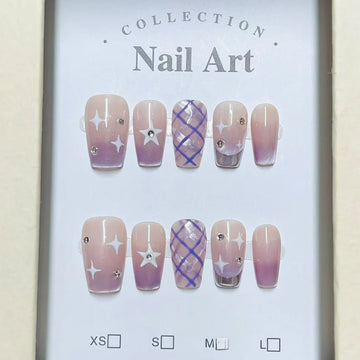 10Pcs Purple Cat Eye Coffin Press on Nails Silver French Fake Nails Plaid Polka Dot Nail 3D Bowknot Star Rhinestone False Nails