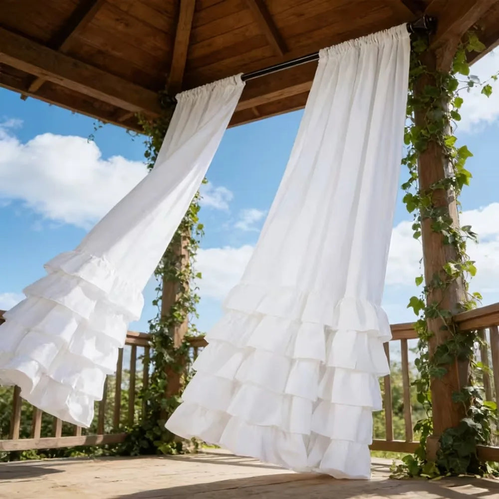 2pcs Romantic Pastoral Multi-Layer Ruffled Half-Blackout Outdoor Curtains,with Top Rod Pocket,Suitable ForDoor Curtains,Bedrooms