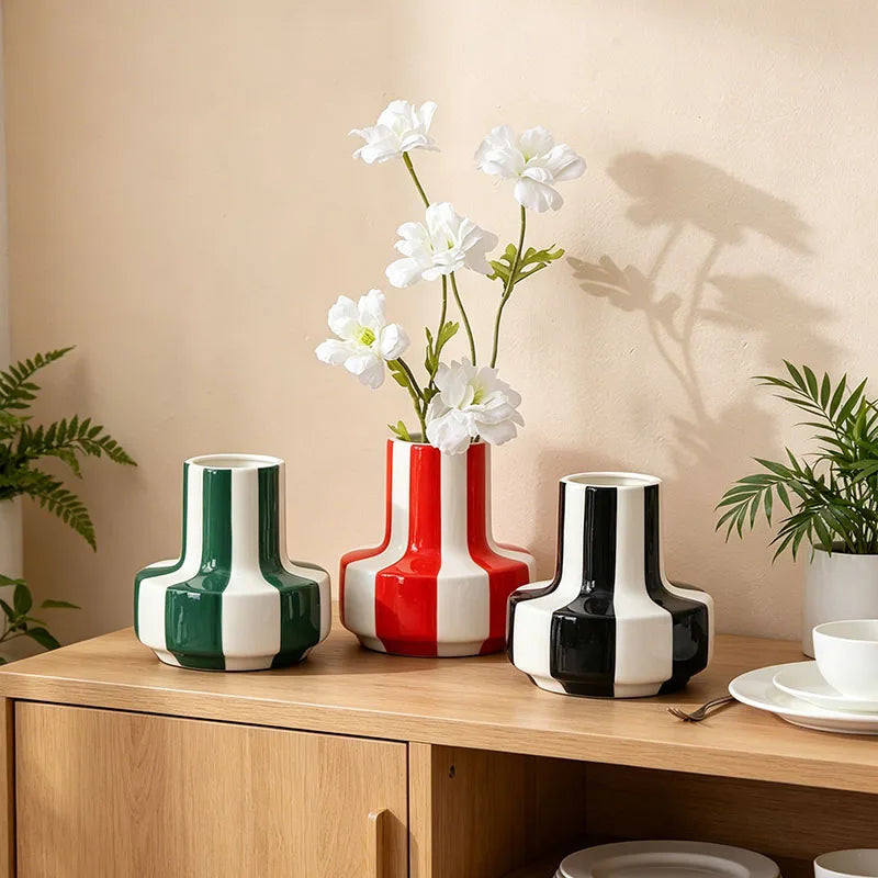 Classic Striped Ceramic Vase, Home Living Room Table Atmosphere Decorative Ornament，Colorful Hydroponic Vase