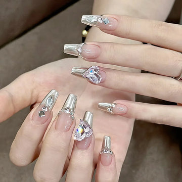 10pcs Medium Coffin Cat Eye False Nails Sweet Pearl Fake Nails with Heart Diamond Press on Nails Silver Glitter Polka Dot Nail
