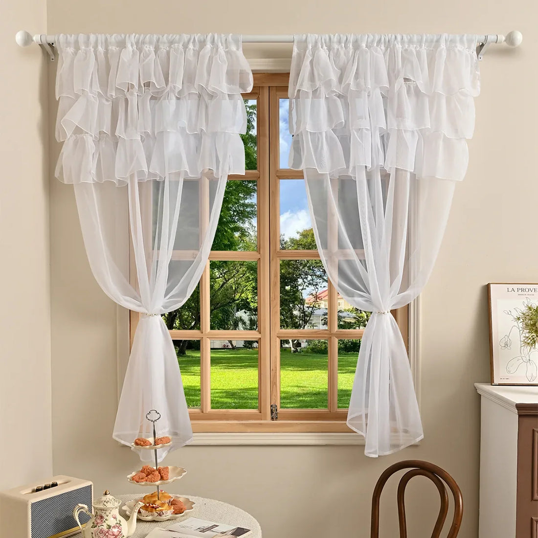 Curtain Ruffle Solid Color Sheer Windproof Curtains for Living Room Bedroom Decoration Rod Pocket 2 Panels Pastoral Style Simple
