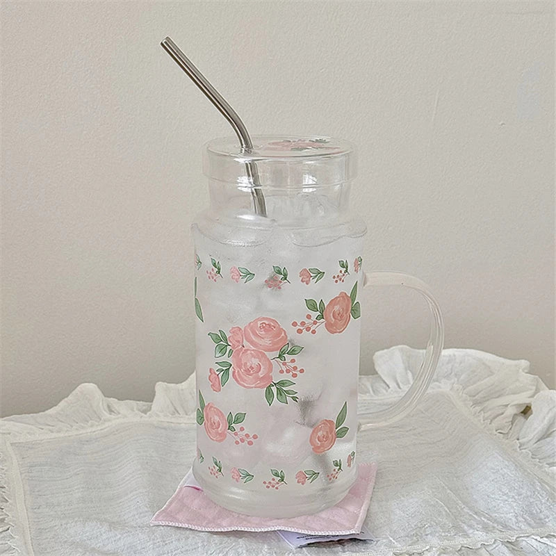 French Style Glass Suction Tube Cup Elegant Pink Rose Large Capacity Juice Drink Cup Girl Outdoor Office Cold Summer Drinks Cup