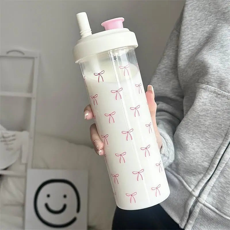 500/700ML Pink Bow Straw Water Bottle With Lid Cute Coffee Bubble Milk Tea Plastic Cup For Outdoor School Drinking Water