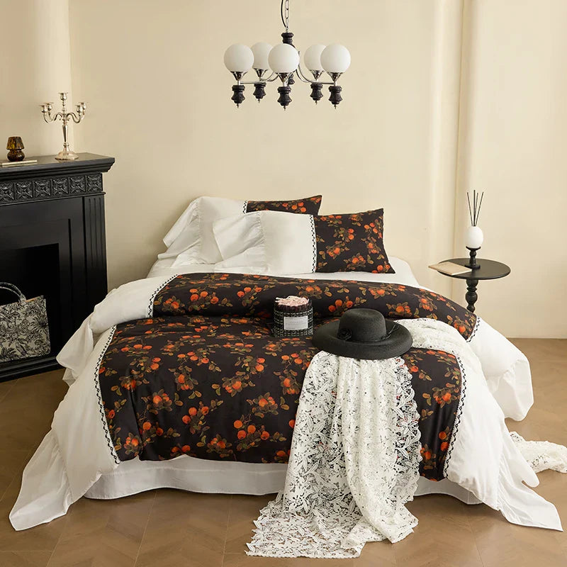 Oil Painting Style Bedding Set Luxury 100% Cotton Digital printing Ruffles Duvet Cover Bed Sheet Pillowcases Home Textile