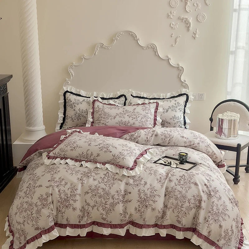 500TC Egyptian Cotton Vintage French Rose Flowers Print Ruffles Bedding Set Duvet Cover Flat/Fitted Bed Sheet Pillowcases 4Pcs