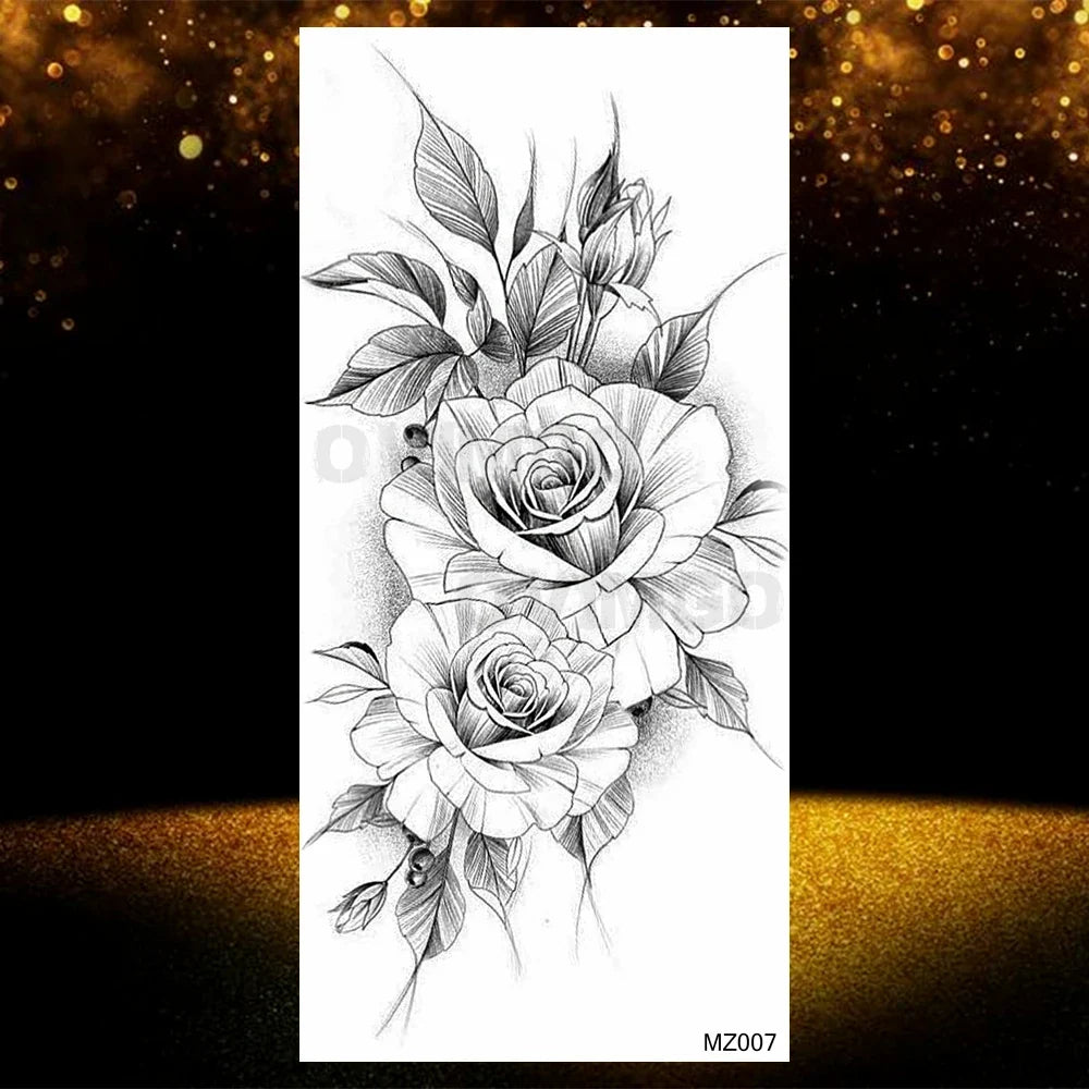 Realistic Black Rose Flower Temporary Tattoos Fake Waterproof Tatoo Body Art Arm Leg Floral Peony Bloosom Tattoo Stickers Makeup
