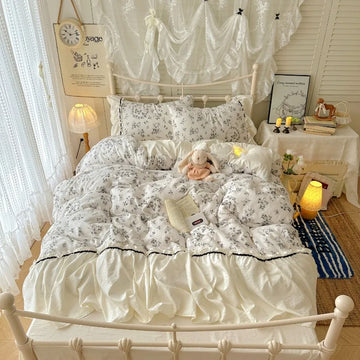 Korean French lazy style puff flower edge quilt cover four-piece set princess style dormitory three-piece set