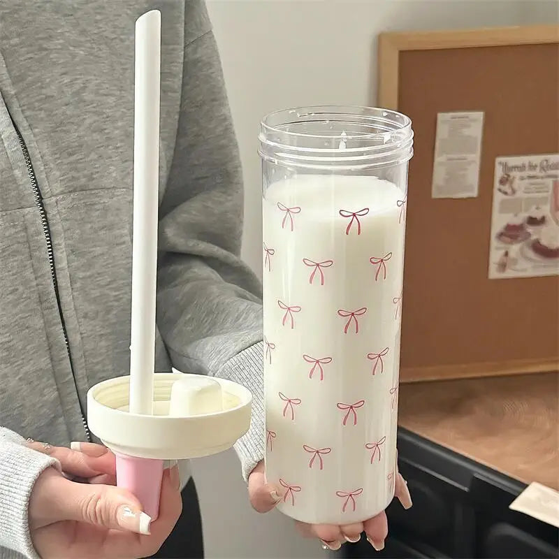 500/700ML Pink Bow Straw Water Bottle With Lid Cute Coffee Bubble Milk Tea Plastic Cup For Outdoor School Drinking Water